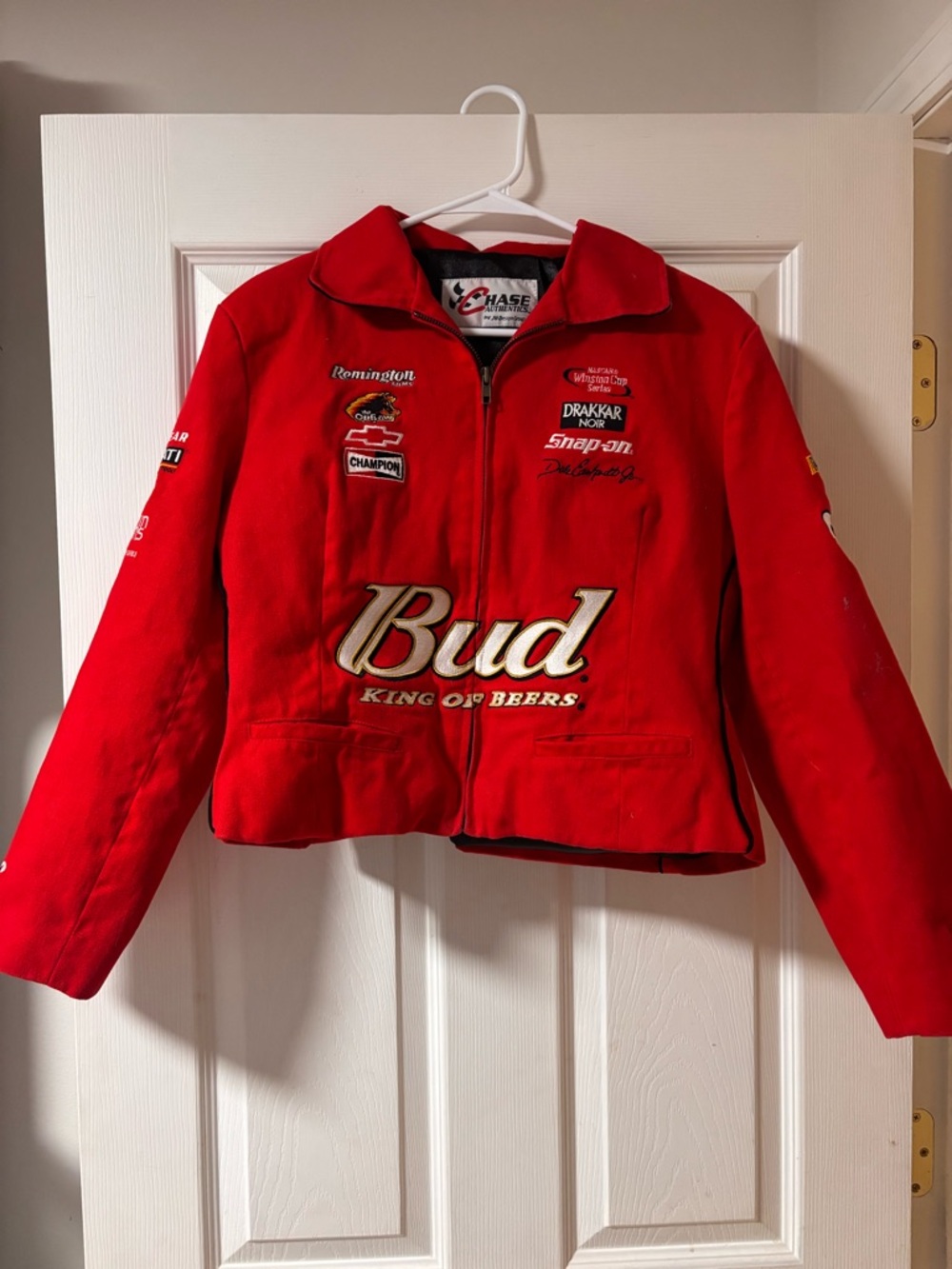 Chase Authentics Budweiser Dale Jr #8 NASCAR Jacket Womens XL Red Vintage